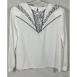 City Girls 80's White and Black Piped Blouse with Button Back